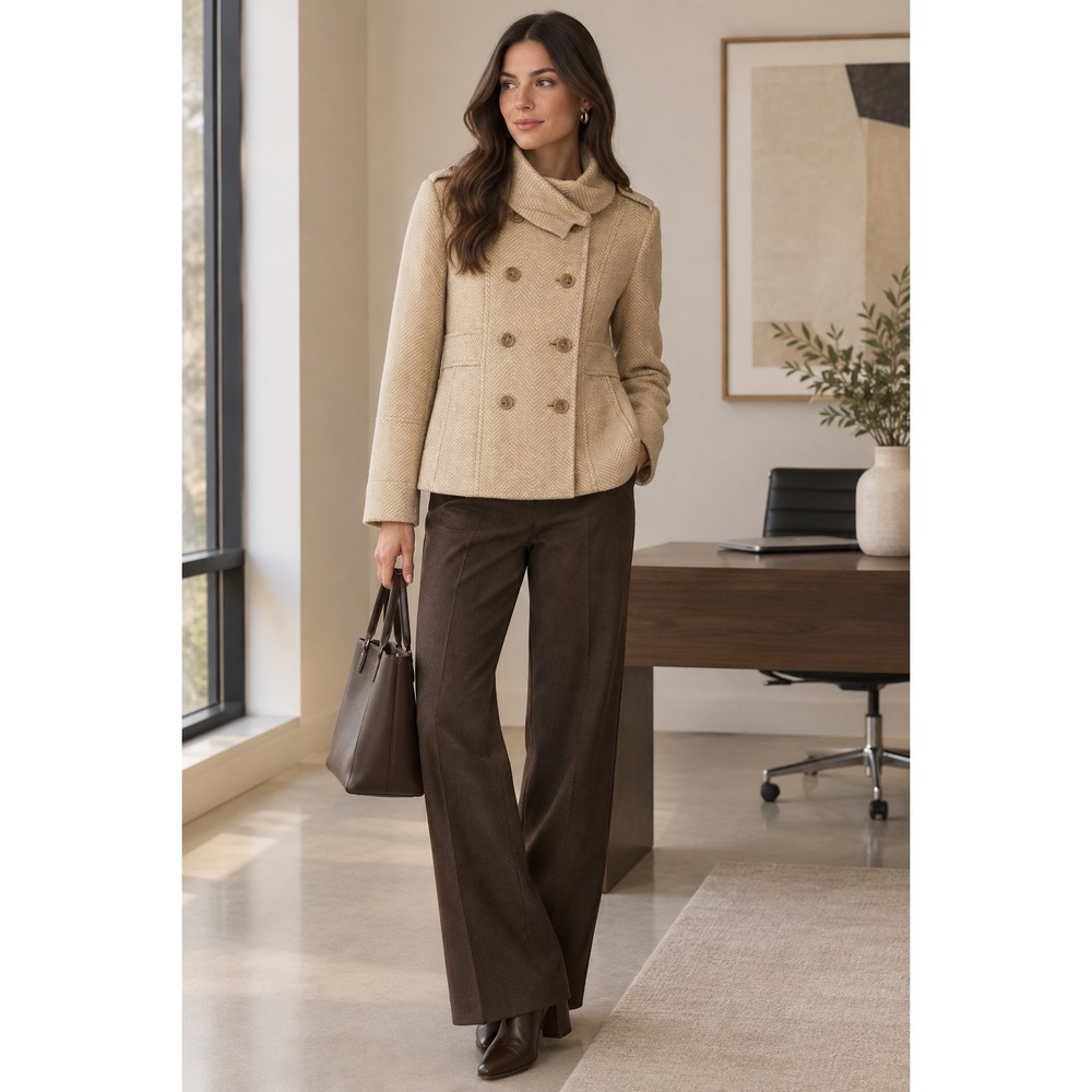 Ann Taylor LOFT Women XS Tan Herringbone Wool Blend Double Breasted Pea Coat